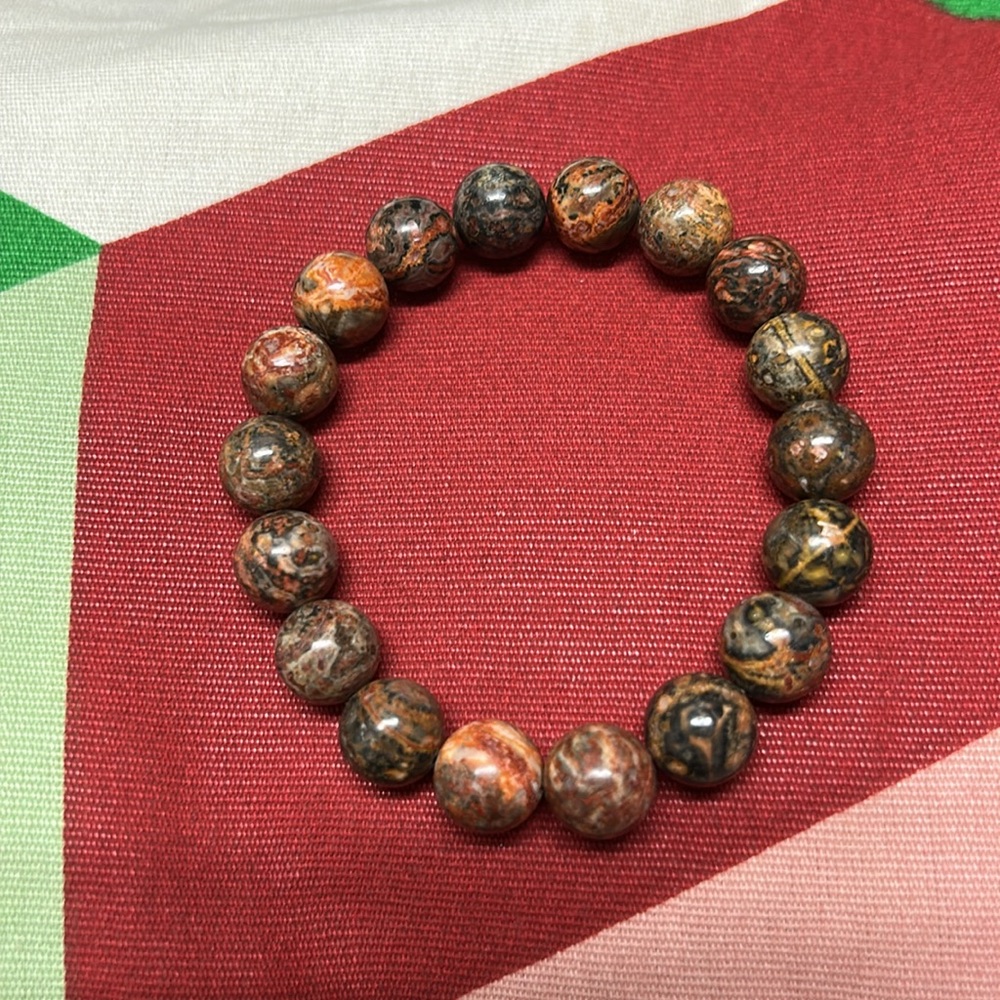 Red Leopard Jasper Natural Stone 10mm Beads Stretchable Bracelet 7" - Best Gift